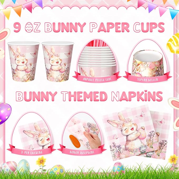 Honeydak 210 Pcs Pink Bunny Party Supplies for 30 Guests, Includes Spring Rabbit Plates, Cups, Napkins, Cutlery - Cute Pink Bunny Tableware Decoration for Baby Shower Easter Party