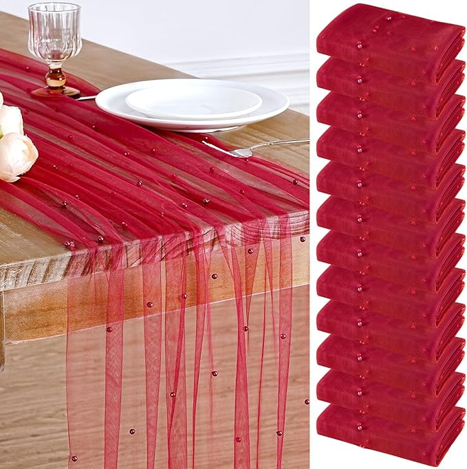 Tulle Table Runner Pearl Fabric: Red Mother's Day Veil Dessert Chiffon Pearl Lace Boho 12pcs Overlay Valentine's Wedding Aisle Runner Party Decorations Doilies Christmas