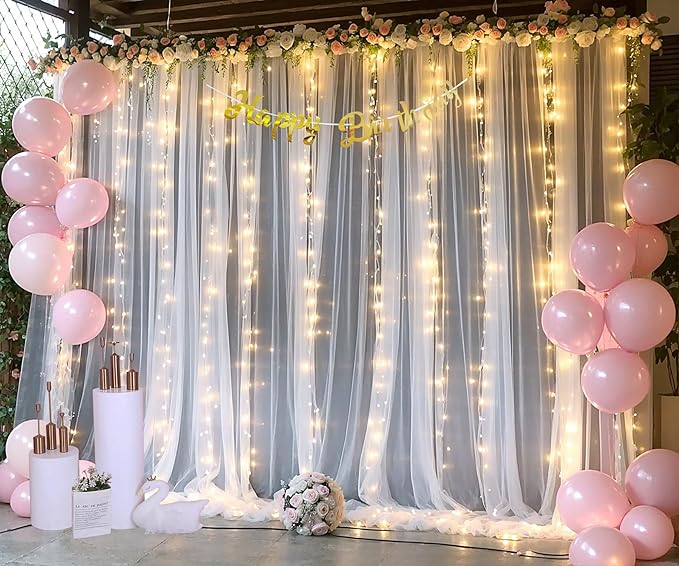White Tulle Backdrop Curtain with Lights String for Parites 10×8ft Sheer Backdrop Curtains White Curtain Backdrop for Wedding Baby Shower Birthday Party Photo Shoot Decorations(2 Panels 10ft×8ft)