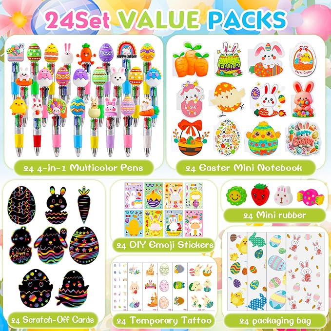 24 Pack Easter Party Favors Classroom Gifts Set with Classic Spring Designs, Easter Goodie Bags with Notebooks Pens Stickers Tattoos Scratch Art for Classroom Gifts Basket Stuffers