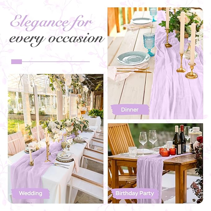 Cheesecloth Table Runner 8 Pack – 35x120 Inch (10ft) Boho Rustic Gauze Cloth Runners – Crinkle Polyester Table Decor for Wedding, Baby Shower, Bridal Shower, Birthday Party and More (Lilac Purple)