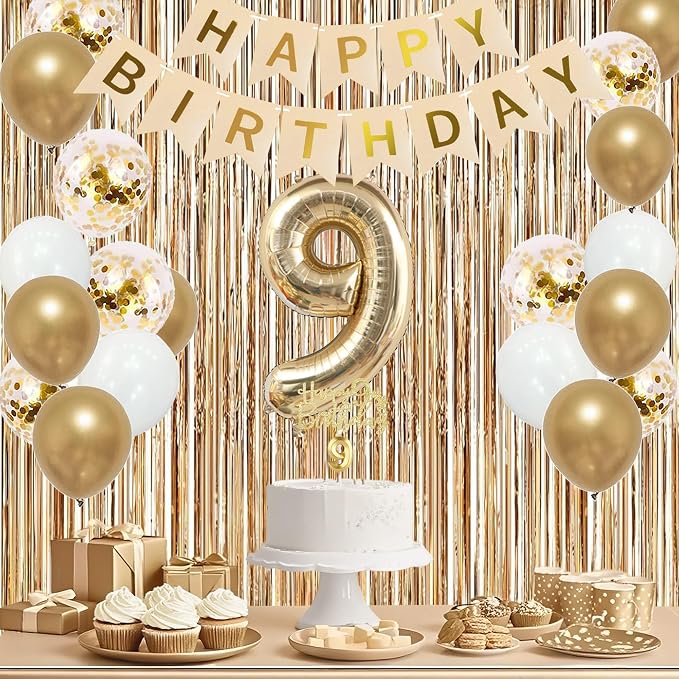 Trgowaul 9th Birthday Decorations for Girls, Banner, Sash and Crown, Cake Topper, 9 Number Balloon, Fringe Curtains, Champagne Gold 9th Birthday Party Supplies
