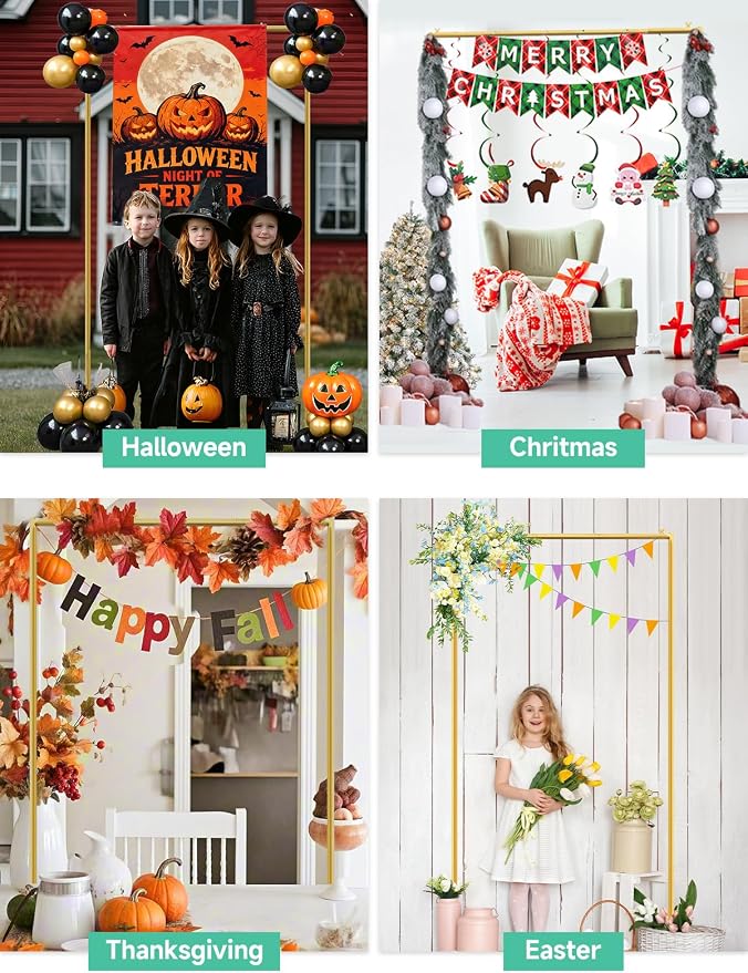 Gold Wedding Arch Backdrop Stand, 6.6 * 3.3FT Square Backdrop Stand Balloon Flower Metal Frame for Ceremony, Anniversary, Party, Birthday,Baby Shower Photo Booth Decoration