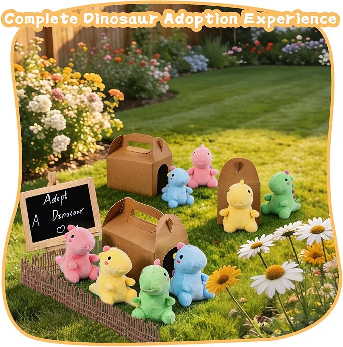 Adopt A Dinosaur Party Favors Mini Plush Stuffed Animals Set with 12 Plush Dinosaur Mini Fence Blackboard Kraft Paper Box for Adopt An Animal Themed Birthday Party