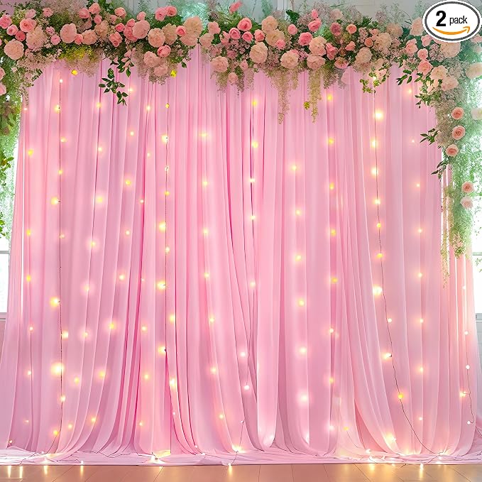 Pink Backdrop Curtain with Lights String for Parties,10x10FT Wrinkle Free Polyester Wedding Photo Backdrop Drapes for Baby Shower Birthday Ceremony Reception Home Party Decorations-5ft x 10ft,2 Panels