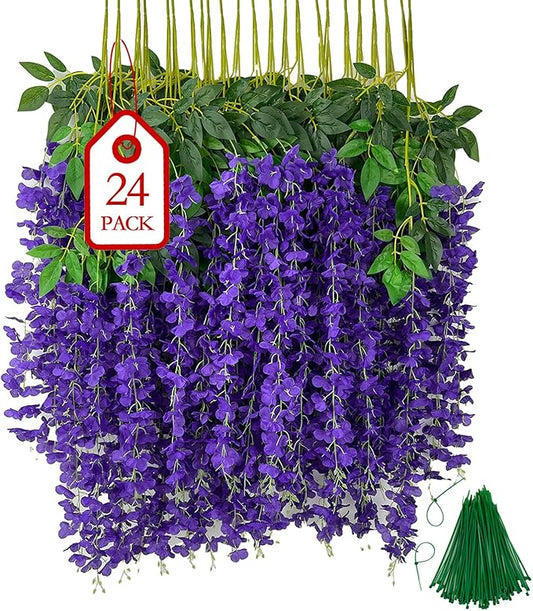 BIRDDIE 24 Pcs of Artificial Wisteria Hanging Flowers, 3.75 Feet Fake Wisteria Flower Strings for Backdrop, Wedding, Ceremony,Garden and Home Wall Decoration (Dark Purple)