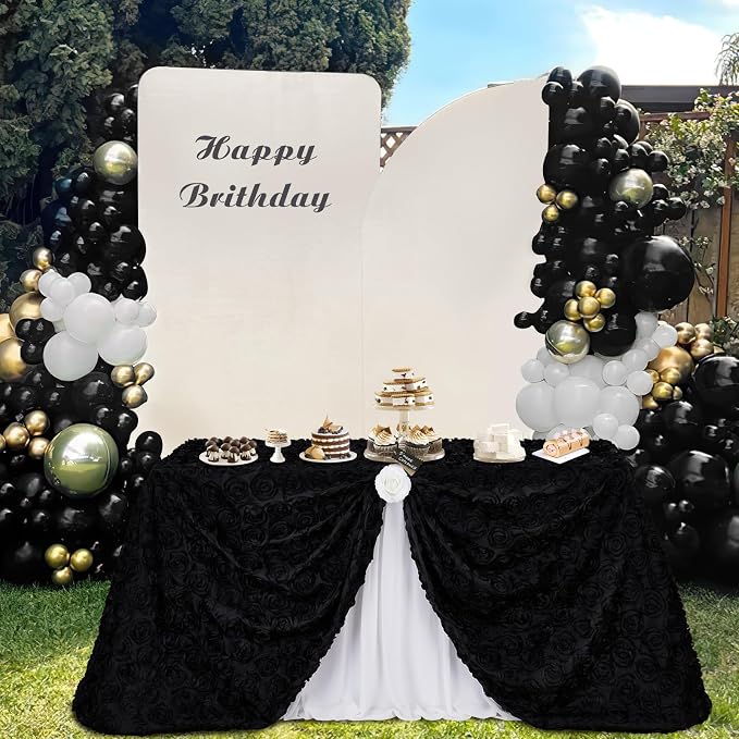 Fanqisi Black Tablecloth 90x132 Inches Rosette Wedding Tablecloth Party Table Decor Rectangle Satin Floral Table Cover for Baby Shower Decorations