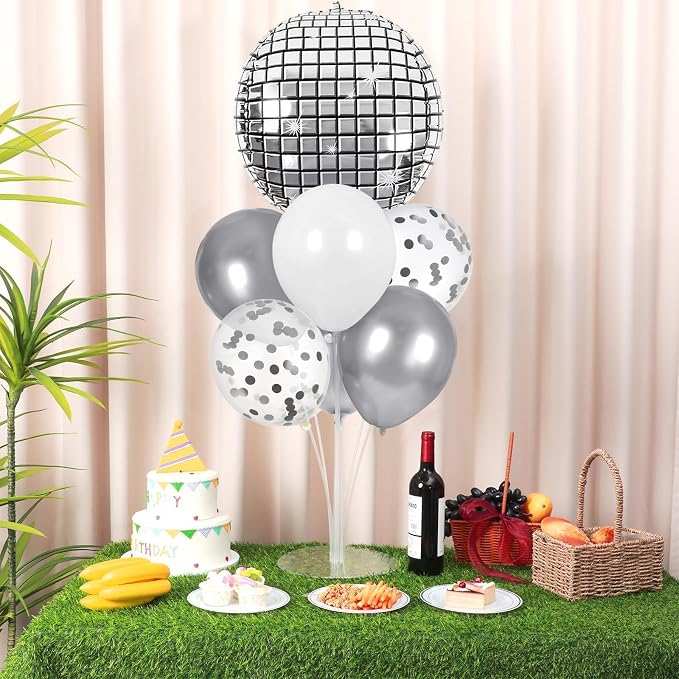 Disco Ball Party Balloons Stand Kit 2 Sets with 2 Silver 4D Discoball Foil Balloon Disco Ball Centerpiece for Tables 70s 80s 90s Dance Themed Birthday Graduation Decorations 2026 Prom Party Supplies