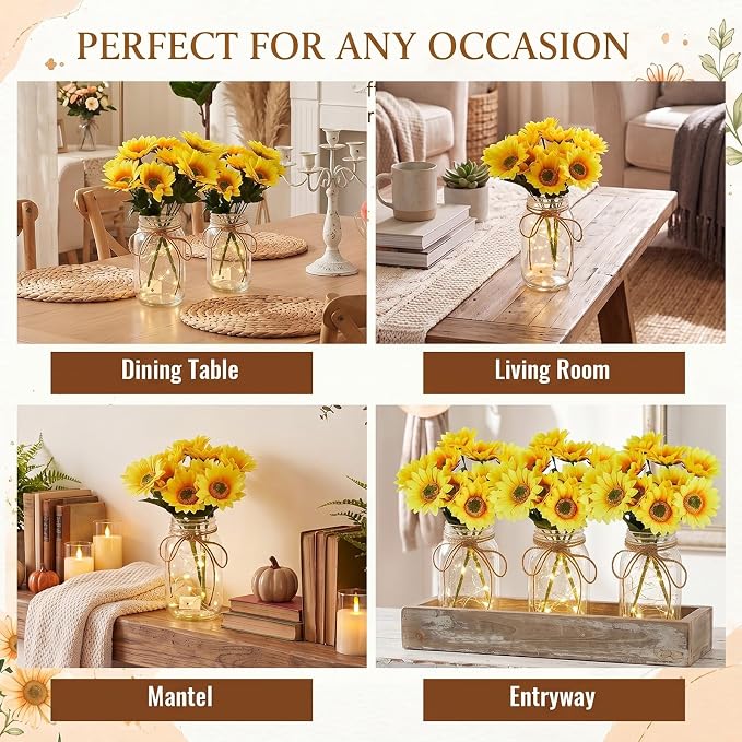 Mason Jar with Lights Decorative Centerpieces for Tables Mason Jars Flowers Decorations LED Farmhouse Vase for Home Wedding Event Party Decor(Sunflower,Yellow,4 Sets)