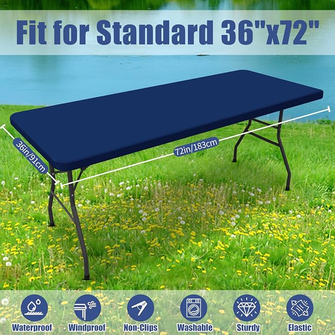 Moosfor Spandex Rectangle Table Cloth 4 Pack, Elastic Fitted Tablecloths for Picnic, Stretch Washable Patio Table Cover for Outdoor, Camping, Banquet and Parties (Navy, 36"x72")