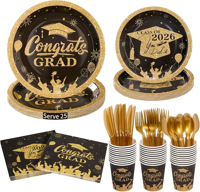 Goodluck Black & Gold 2026 Congrats Grad Disposable Tableware Sets, 175 PCS Graduation Party Supplies Include 9" & 7" Disposable Graduation Paper Plates, 9oz Cups, Napkins & Cutlery for 25 Guests