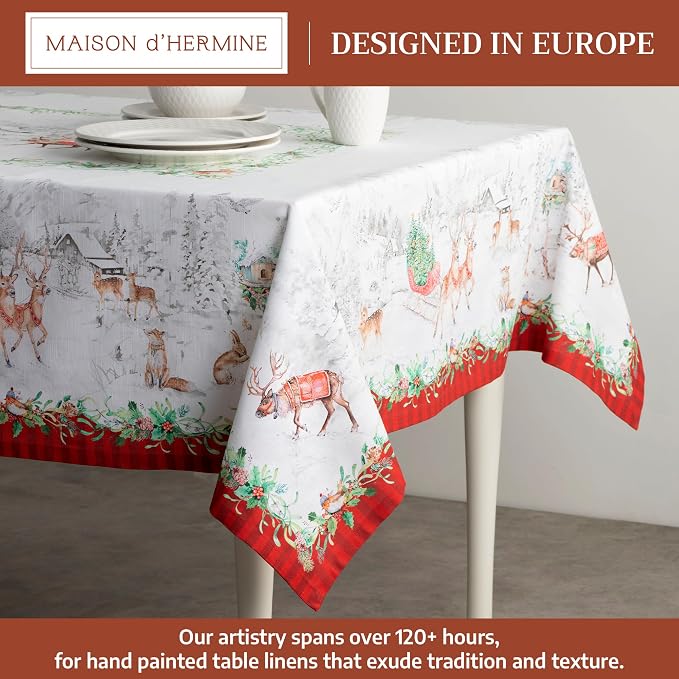 Maison d' Hermine Table Cloth Rectangle Table 100% Cotton 60 x 108 Inches Fall Tablecloth Reusable Everyday Use for Thanksgiving Christmas Decorations Dining Farmhouse Party (Christmas Tradition)