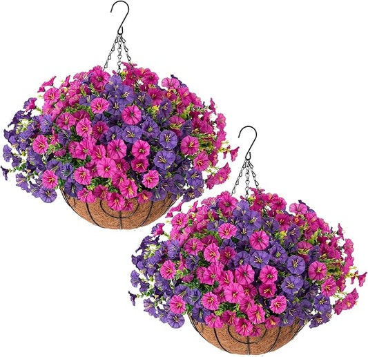Ivydale 2 Set Artificial Flowers Hanging Baskets for Outdoors Fake Spring Plants, 24 Pcs UV Resistant Faux Silk Morning Glory with 2 Hanging Planters Look Real for Outside Porch Patio Outdoor Decor