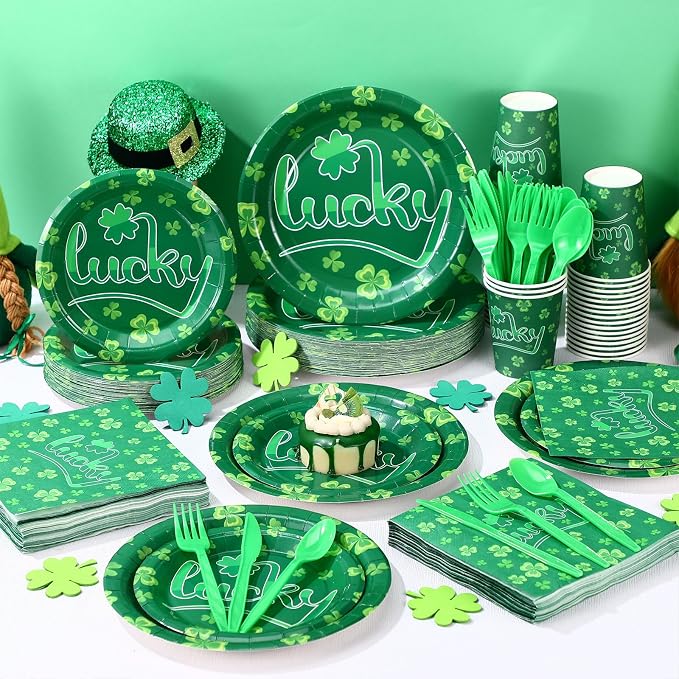 Pickmesh 400 Pcs St Patrick's Day Party Decorations, Shamrock Paper Plates Napkins Cups and Plastic Cutlery Set, Lucky Clover Green Disposable Tableware for Irish Party Supplies, Serve 50 Guests