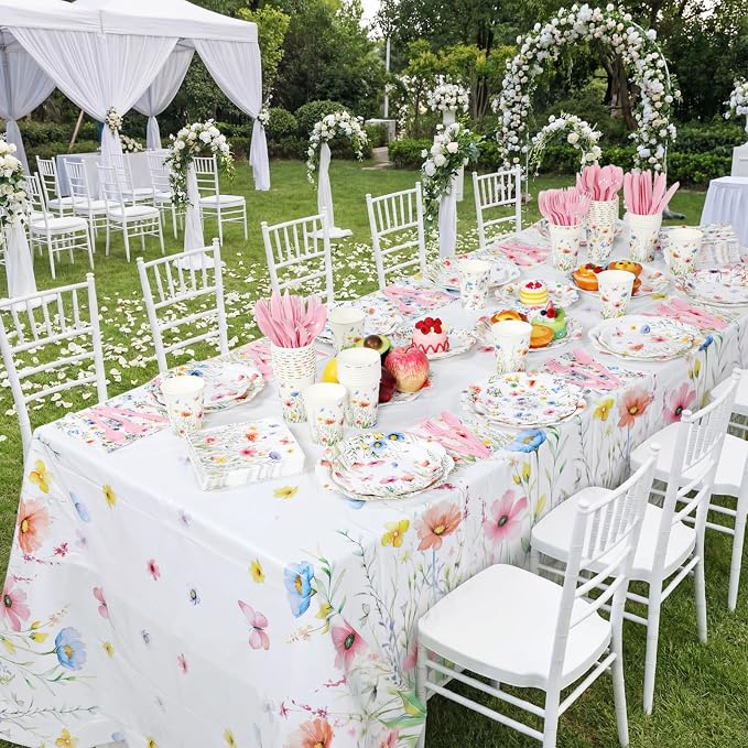 Ceenna 390 Pcs Wildflower Party Supplies for 48, Spring Floral Paper Plates Napkins Cups Tablecloth Cutlery Disposable Tableware Set for Tea Party Baby Shower Birthday Wedding Mother's Day Decoration