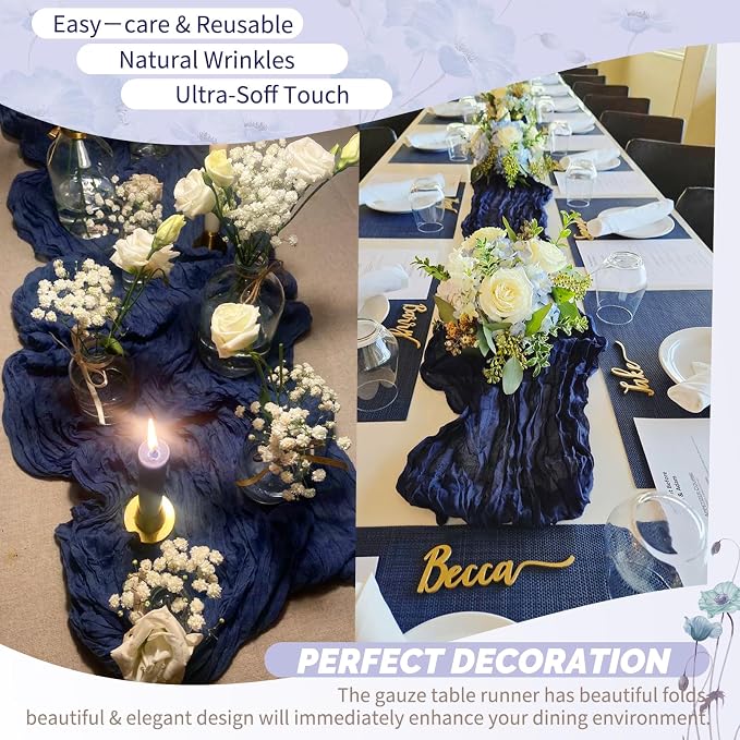 18 Pack Navy Blue Cheesecloth Table Runner 17 x 108 inch Boho Gauze Table Runner Rustic Sheer Cheese Cloth Table Decorations for Wedding Party Baby Bridal Shower Birthday Holiday Home