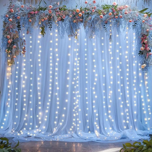 Baby Blue Sheer Tulle Backdrop Curtains with Lights String for Baby Shower Party Wrinkle Free Curtain Backdrops Drapes for Wedding Birthday Party Photo Back Drop Background Home Decorations 10ft x 8ft