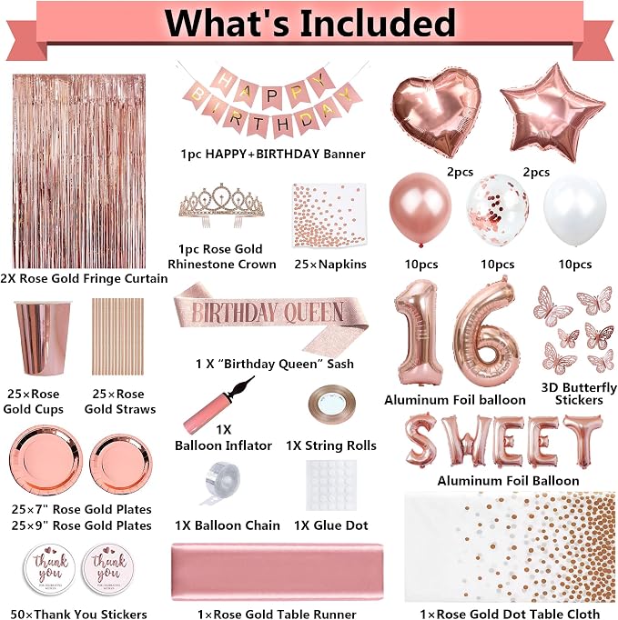 255 pcs Sweet 16 Party Decorations, 25 sets of Tableware, Sweet 16th Birthday Decorations, Rose Gold Party Decorations, 25 Tableware Sets, Balloon, Pump, Banner, Tassel Curtain for Girls