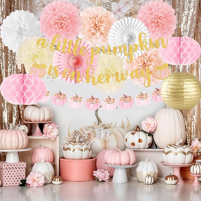 Kriyokiaa Little Pumpkin Baby Shower Decorations for Girl 15 Pcs Pink Fall Baby Shower Decorations with A Little Pumpkin is On Her Way Banner, Tissue Pom-Poms, Paper Lantern for It's a Girl Party