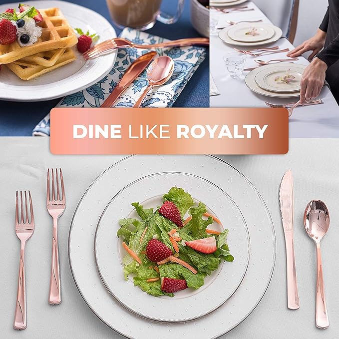 Rose Gold Plastic Silverware Set (160 Bulk Pack) Disposable Cutlery Utensils, 80 Forks, 40 Knives, 40 Spoons, Heavy Duty Rose Gold Flatware For Holidays, Parties, Dinners, Weddings, and Occasions