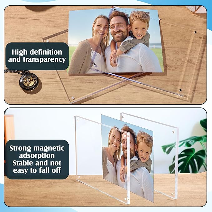 Kigley 2 Pcs 8 x 10 Inch Acrylic Picture Frames, Clear Acrylic Photo Business Card Frame Desktop Display Double Sided Wallet Size Frame Freestanding Frames for Film Photos Cards Stamp