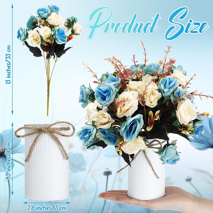 Domensi 6 Sets Wedding Centerpiece for Table Artificial Rose with Vase Fake Bouquets and Metal Pot Flower Arrangements for Bridal Shower Birthday Party Event Table Decor (Teal)