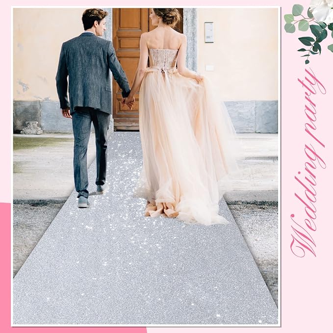 Shihanee Sequin Aisle Runner for Wedding Glitter Rug with Carpet Tape Sparkly Prom Outdoor Floor Birthday Carpet Runner for Ceremony Event Graduation Party(4 x 15 ft,Silver)