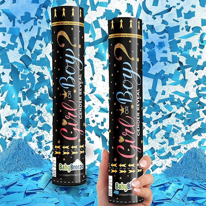 Gender Reveal Confetti Powder Cannon, Biodegradable, Boy Blue and Girl Pink Gender Reveal Poppers - He or She Smoke Bomb Baby Shower Baby Party Decorations Supplies Sticks (2 Blue)