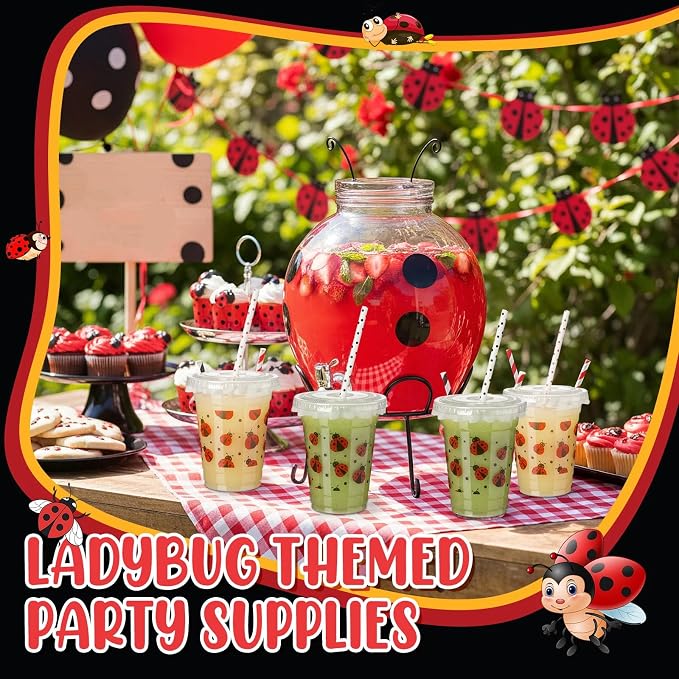 FoldTier 50 Pcs 12 oz Ladybug Disposable Plastic Cups with Straws, Lids and Leakproof Paper Clear Cups Birthday Party Supplies Birthday Table Decorations