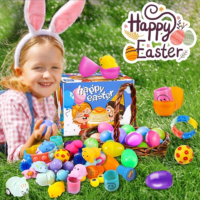60PCS Prefilled Easter Eggs with Toys Inside, Easter Basket Eggs Filled Stuffers, Easters Theme Party Favors Fidget Hunting Assortment Toys, Treasure Box Party Supplies