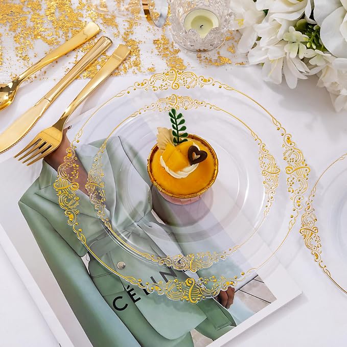 Nervure 600PCS Gold Plastic Dinnerware - Clear and Gold Disposable Plates for 100 Guests - 200 Disposable Plates, 300 Plastic Silverware, 100 Cups for Wedding & Party