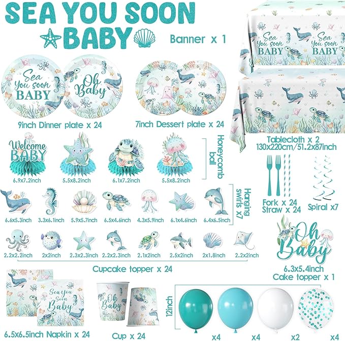Sea You Soon Baby Shower Decorations Under The Sea Baby Shower Party Supplies Ocean Sea Animal Disposable Plates Napkins,Tablecloth,Cups,Balloon,Fork,Cake Toppers for Sea You Soon Theme Decor,Serve 24