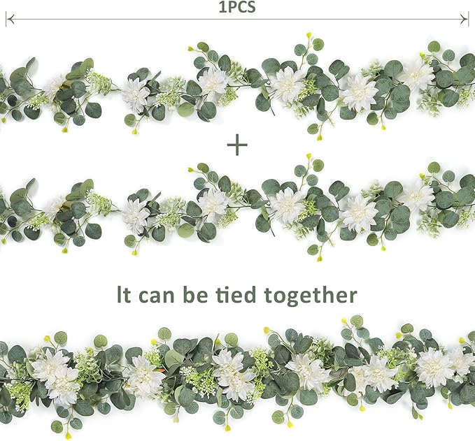 Dremisland Artificial Flowers Garlands 2 Pack 12Ft Artificial Eucalyptus Garland with Dahlia Flower Hanging Flowers Vines Spring Garland for Backdrop Wedding Arch Bedroom Home Wall Room Decor