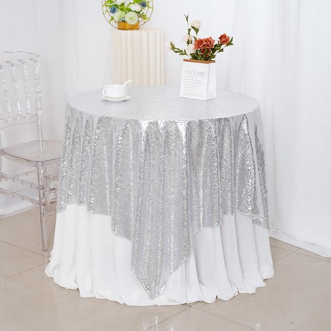 Poise3EHome Silver Sequin Tablecloth 90×90 Inch Square Sequin Fabric Table Cover Overlay for Christmas Baby Shower Birthday Party Wedding Holiday Cake Table Decoration