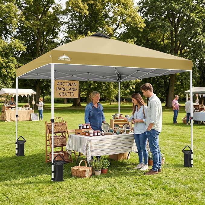 EAGLE PEAK Pop Up Canopy Tent with Wheeled Carry Bag, 8 Stakes, 4 Ropes, 4 Weight Bags, Easy Set Up Tent Canopy, 10x10 ft, 100sqft of Shade, Beige