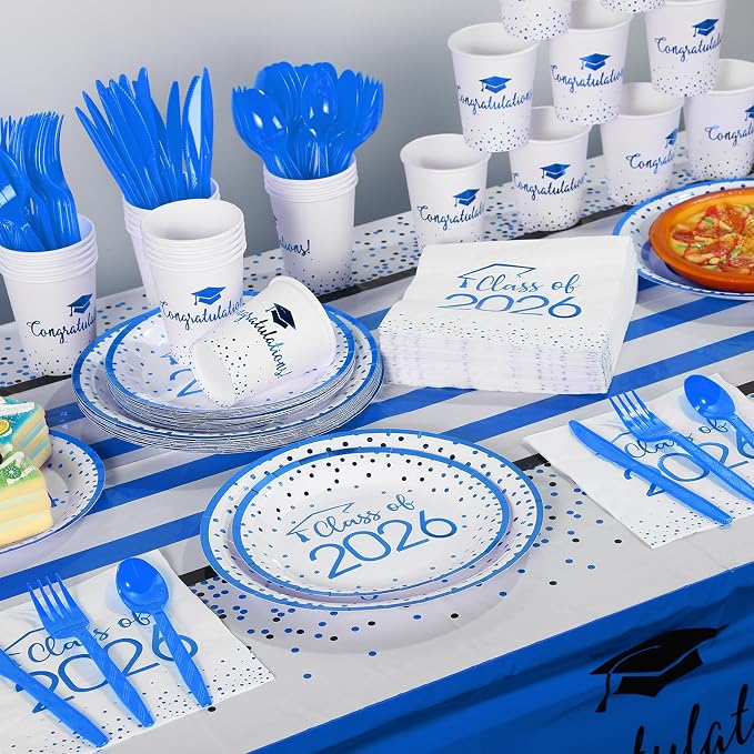 350pcs Class of 2026 Graduation Plates and Napkins Set, Disposable Paper Plate Set Polka Dots Napkins Cups Knife Fork Spoon for Graduation Party Decorations and Supplies,Serve 50 (White Blue）