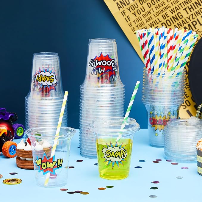 Qinyoung 60 Sets Hero Party Cups with Lids and Paper Straws 14 oz Hero Birthday Party Supplies Favor Disposable Clear Plastic Cups Bulk