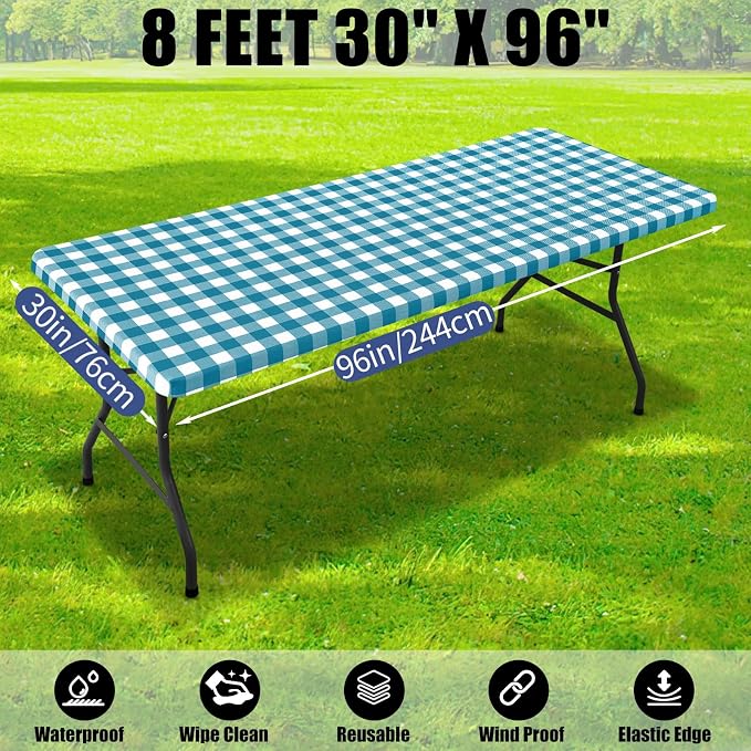 Smiry Picnic Table Cloth 4 Pack, Waterproof Elastic Fitted Tablecloths for 8FT Rectangle Tables, Washable Polyester Buffalo Plaid Tablecloth for Camping & Outdoor (Turquoise & White, 30" x 96")