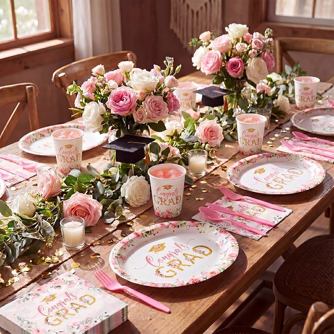 Pajean 350 Pcs Class of 2026 Floral Graduation Party Decorations 12 inch Disposable Pink Gold Floral Oval Plates Napkins Pink Heavy Duty Paper Tableware Set for 50 Guests Grad Party Supplies