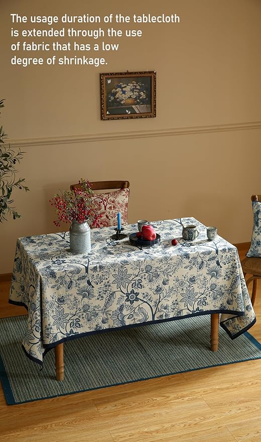 ISAENNE Designer Vintage Linen Rectangular Tablecloth,118"x67"-Ruyi B | French Elegant Long Table Cloth Rectangle Table,Blue Floral Pattern,Durable,Dining Room,Kitchen,Tea Party,Thanksgiving