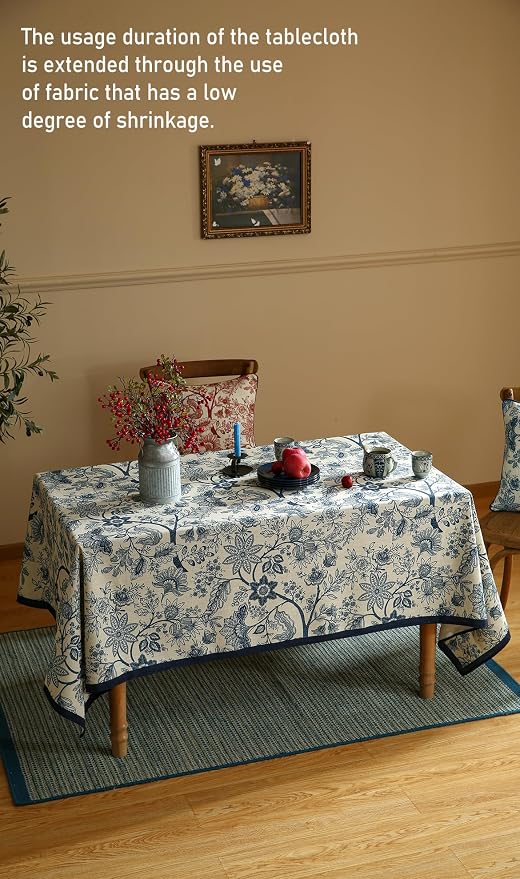 ISAENNE Designer Vintage Linen Rectangular Tablecloth,110"x63"-Ruyi B | French Elegant Table Cloth Rectangle Table,Blue Floral Pattern,Decor,Heavyweight,Dining,Kitchen,Tea Party,Thanksgiving
