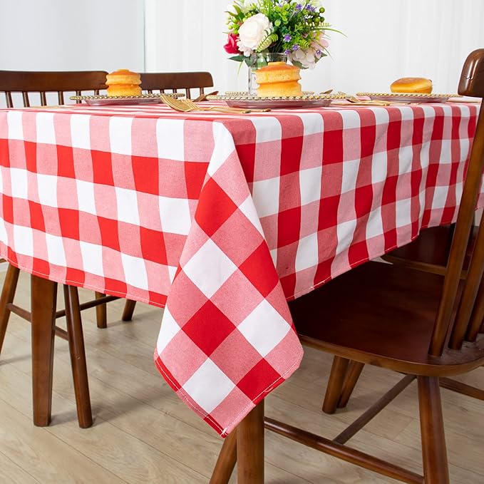 ShinyBeauty 60''x60'' Red & White Checkered Tablecloth - Cotton Farmhouse Plaid, Wrinkle-Resistant, Fits 4-6 Seats - Perfect for Dining, Outdoor, Parties, Home Buffalo Plaid Table Cloth