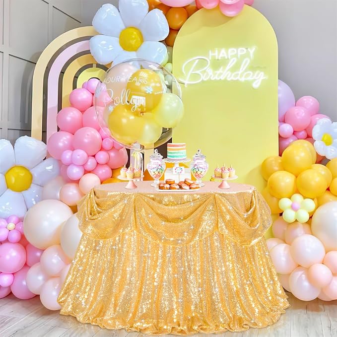 B-COOL Gold Round Tablecloth Party Decorations: 132 Inch Table Cloth Large Sequin Fabric Overlay for Indoor Outdoor Dining Parties Graduation Christmas
