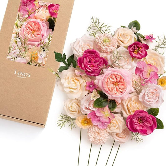 Ling's moment Fake Flowers Box, Faux Silk Peony Artificial Poppies Foam Roses for Centerpieces Bouquet Wedding Floral Arrangements Bridal Shower Party, Powder Pink & Berry Pink & Cream, Deluxe Combo