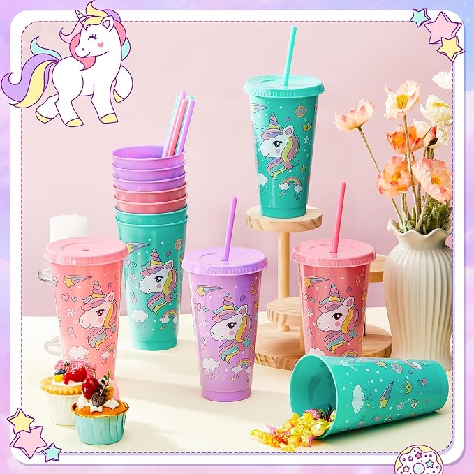 Uiifan 24 Pcs Unicorn Cups Party Favors Goodie Cups Unicorn Birthday Decorations 24 oz Plastic Reusable Tumbler with Lid and Straw Birthday Party Favors Supplies for Girls Boys