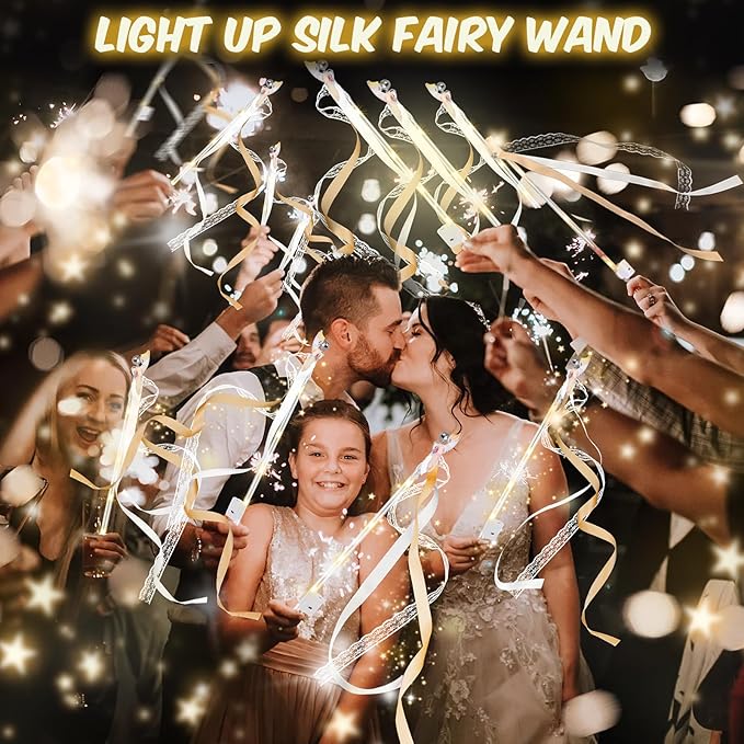 HONLYNE 58 PCS Wedding Wands with Lights,Fairy Wands, LED Silk Fairy Wand with Bells for Wedding Send Off, New Year, Raves, Concert, Birthday