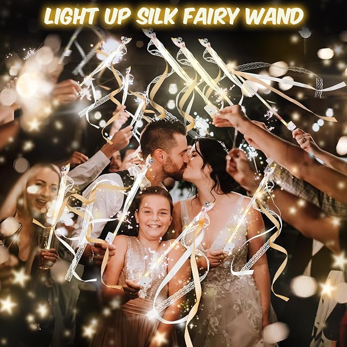 HONLYNE 100 PCS Wedding Wands with Lights,Fairy Wands, LED Silk Fairy Wand with Bells for Wedding Send Off, New Year, Raves, Concert, Birthday