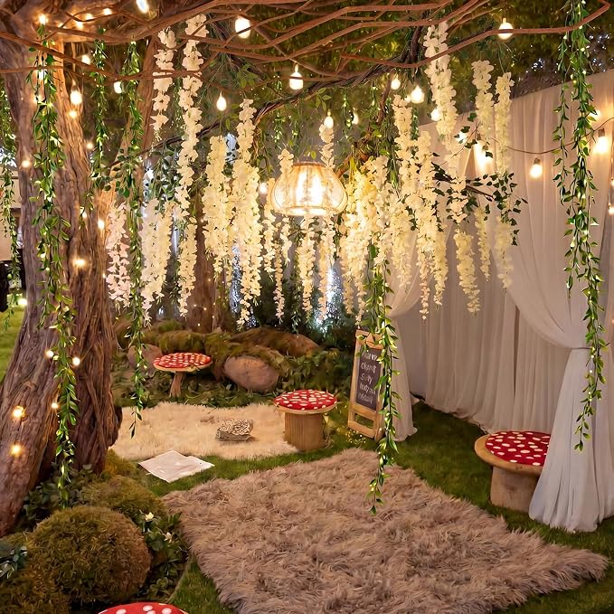 Bucherry Enchanted Decorations Set, Artificial Hanging White Wisteria Vines Greenery for Classroom, Wisteria Flower Ceiling Fairy Party Indoor Outdoor Home Garden DIY Decor