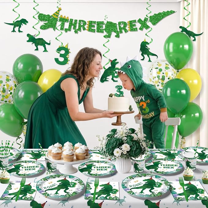 Xynic 209Pcs Three Rex Birthday Decorations Boy, All-in-One Party Supplies Includes Banner, Candle, Balloons, Plates and Napkins, Easy Setup Dinosaur 3rd Birthday, Serves 25