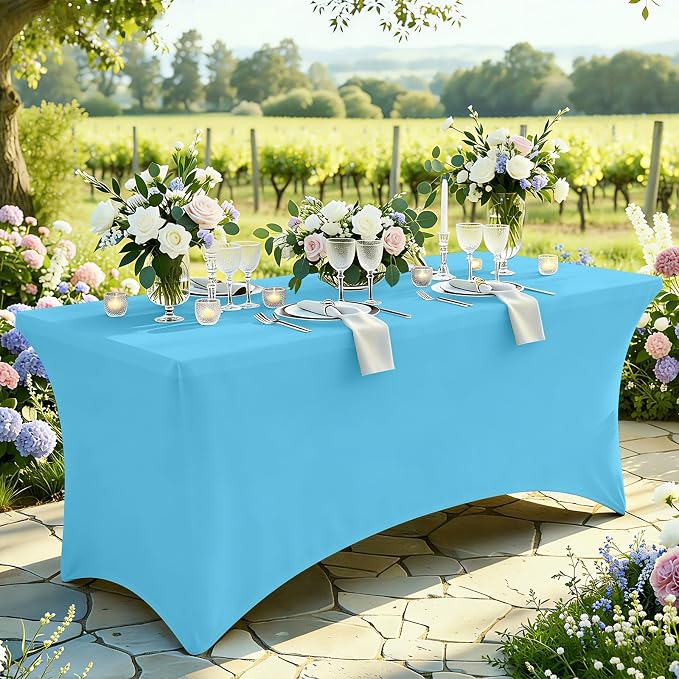 Moosfor Spandex Elastic Fitted 8FT Rectangle Tablecloth 6 Pack, Stretch Washable Reusable Table Cover for Outdoor Picnic, Dining, Wedding, Banquet & Party Events (Blue Mist, 96Lx30Wx30H Inch)